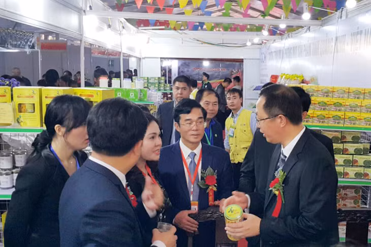 越南广宁省领导和中国东兴市领导一同参观广宁“一乡一品”展位。