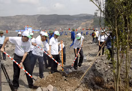 中央和地方领导们在肥山（Núi Béo）煤炭股份公司排放场参加植树。