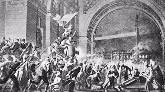 俄国工人、士兵1917年11月7日凌晨向冬宫进攻，是伟大的十月革命的开端。（图片来源：《新河内报》）