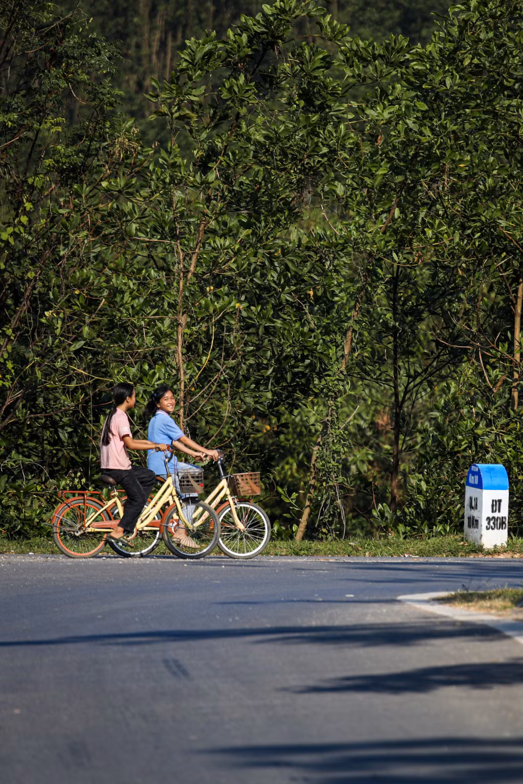 巴制县的青少年在绿色的道路上上学。