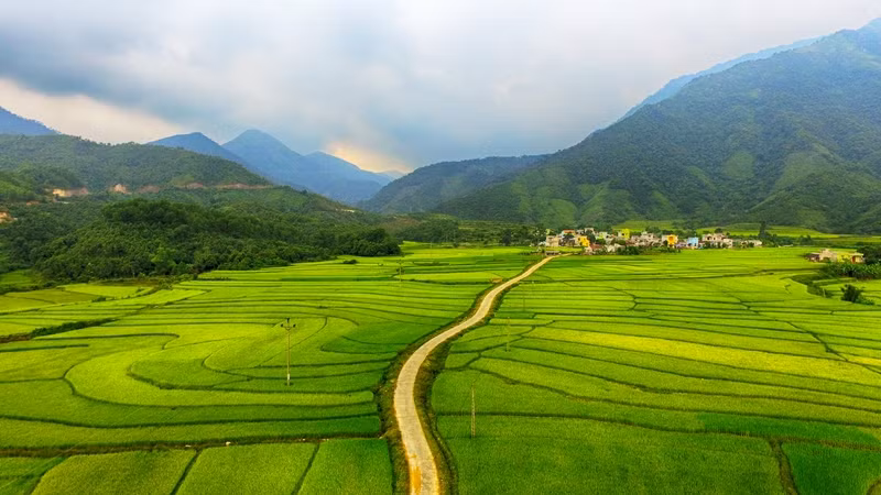 通往瀑布的路穿过绿色的稻田。