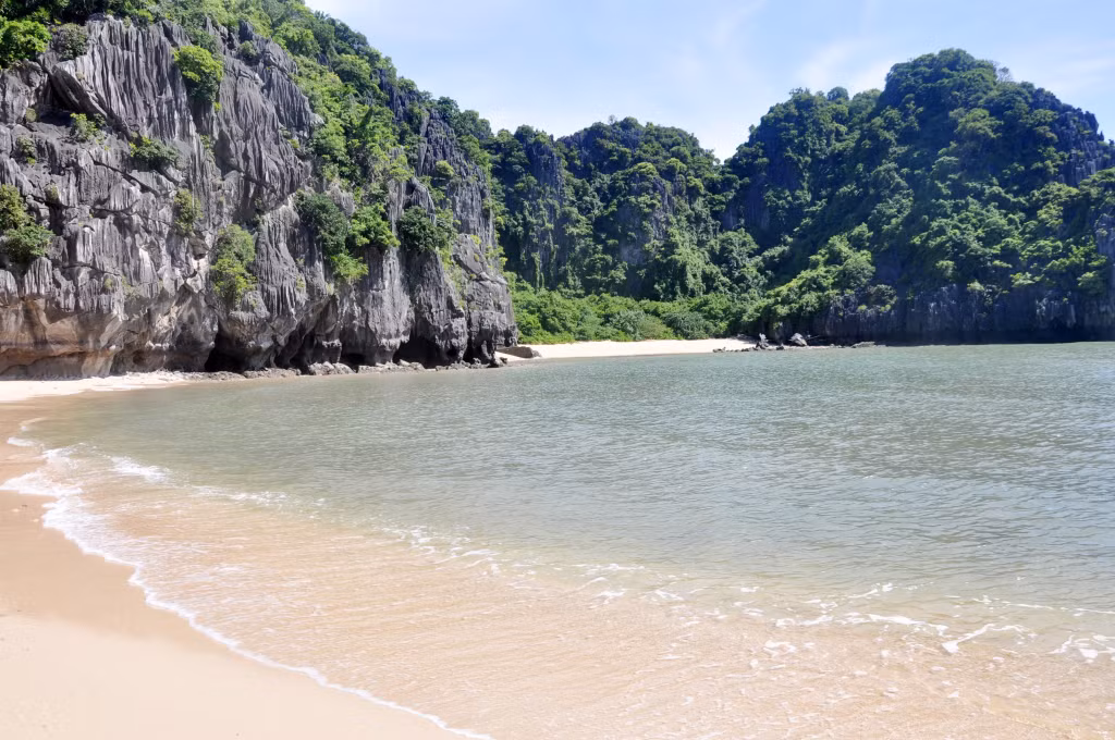 沙滩光滑，海水清澈，温柔的海浪轻轻拍打着海岸，非常有诗意。