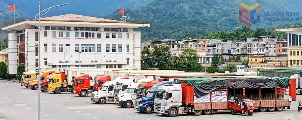 在北风生口岸装卸货物。 Bốc xếp hàng hoá tại cửa khẩu Bắc Phong Sinh.