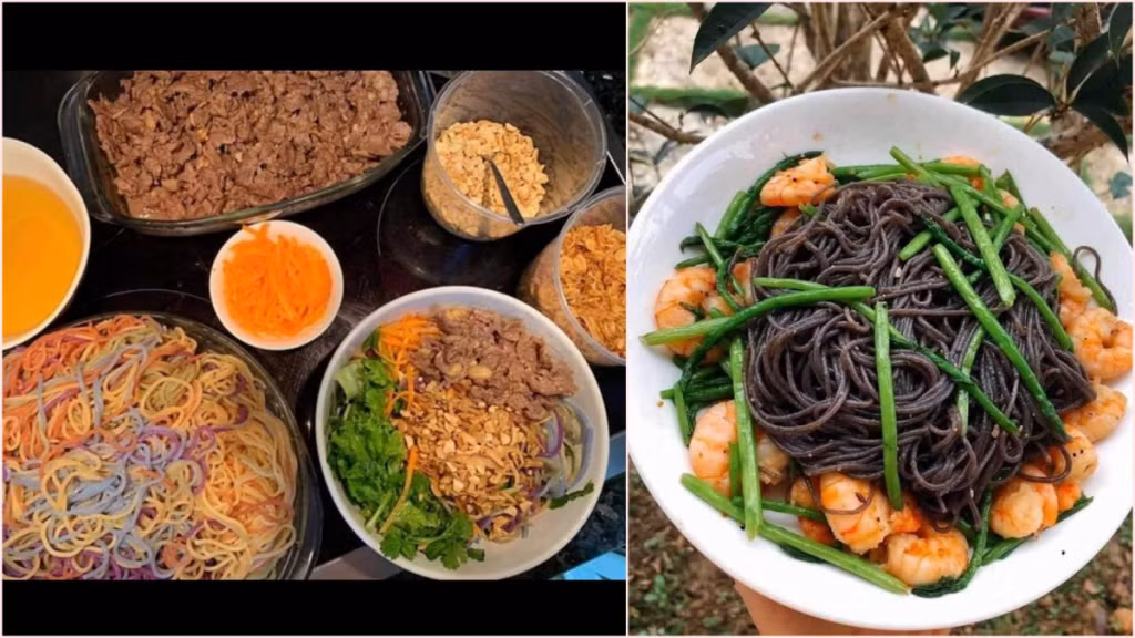 用五彩米粉可以烹制出多种美食，如清水米粉、米粉大杂烩等。 Bún ngũ sắc có thể nấu theo nhiều cách như bún nước, bún trộn.