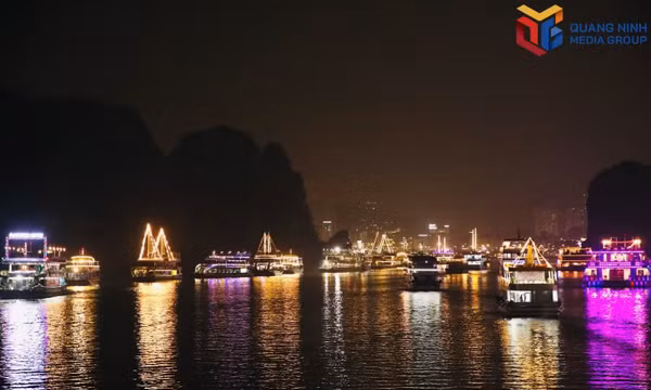 装配多彩灯光系统的现代游船，在下龙湾构成瞩目的光带。