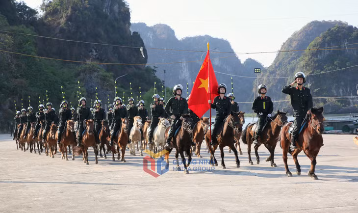 骑兵机动警察大队士兵练习控制马匹编队跑轿穿过看台。