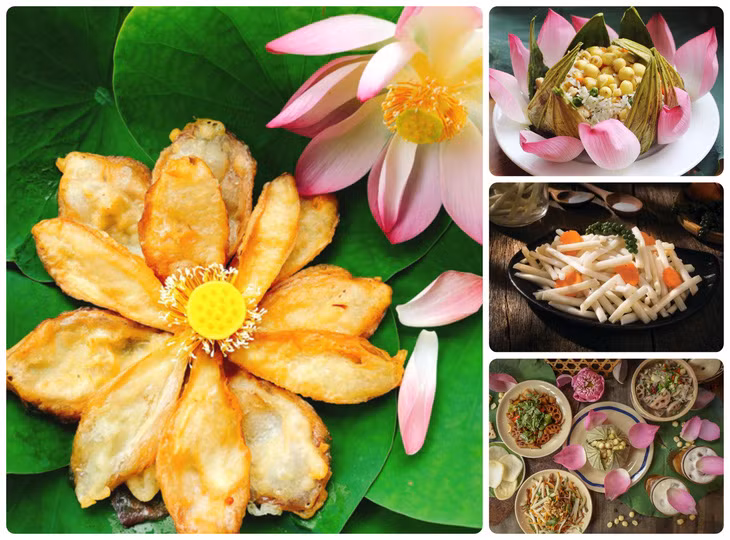 取材于荷花的各种美食 Các món ăn được chế biến từ sen
