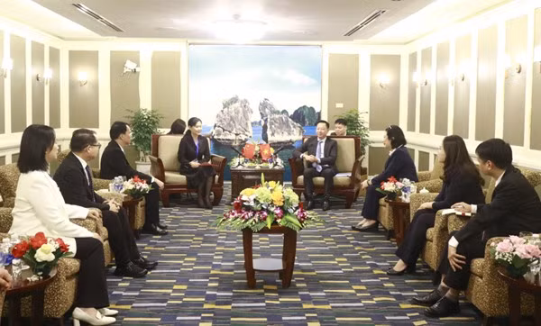 广宁省委委员、省人民委员会副主席黎文映先生接见了广西壮族自治区商务厅副厅长、代表团团长胡晓宁女士。 Đồng chí Lê Văn Ánh, Tỉnh ủy viên, Phó Chủ tịch UBND tỉnh Quảng Ninh, tiếp xã giao bà Hồ Hiểu Ninh, Phó Giám đốc Sở Thương mại Quảng Tây, Trưởng Đoàn Đại biểu Khu tự trị dân tộc Choang Quảng Tây (Trung Quốc) cùng đoàn.