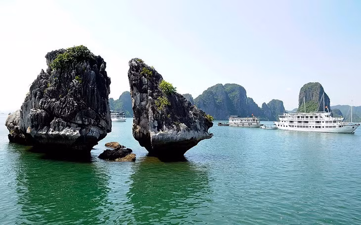 下龙湾上斗鸡石
