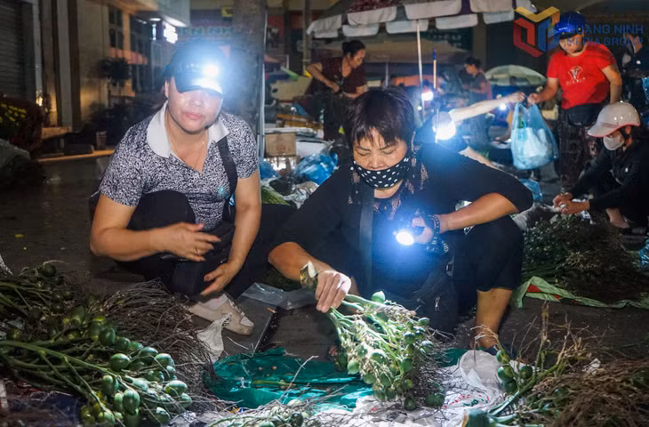 商贩自带手电筒在进货前仔细查验商品的成色与质量。