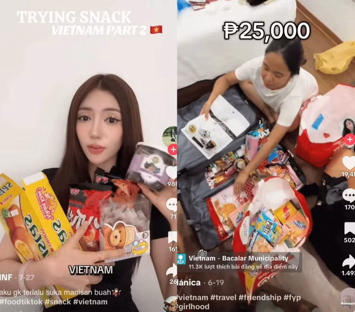TikTok上，“越南小吃尝鲜”或“越南零食”等标签下，涌现了数千个国际游客的跟风视频。图：@nicsrefe Cụm từ "trying Vietnamese snack" hoặc "Vietnam snack" trên TikTok có hàng nghìn video "bắt trend" của du khách quốc tế. Ảnh: @nicsrefe