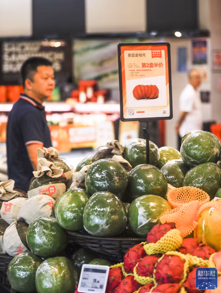 在广西南宁一家超市拍摄的泰国金柚。胡星宇 摄 Quả bưởi vàng Thái Lan được chụp tại một siêu thị ở Nam Ninh, Quảng Tây ngày 8 tháng 9. Hồ Tinh Vũ chụp